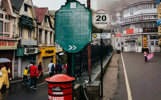Mall Road in Shimla, with its heritage buildings and red post box
