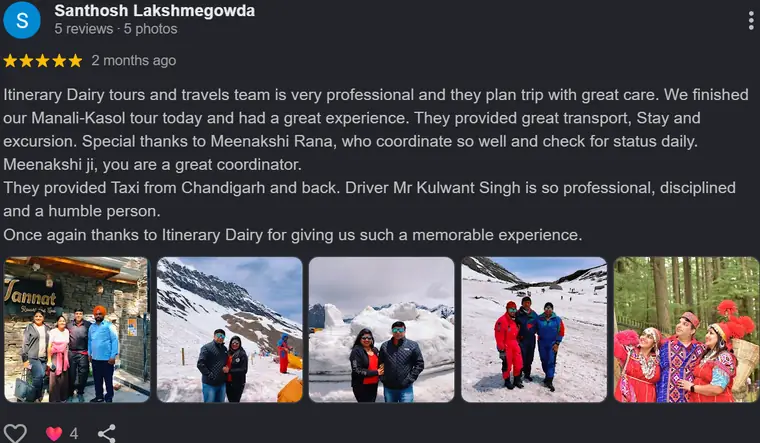 Google review from Santhosh Lakshmegowda — Manali–Kasol tour · from Chandigarh