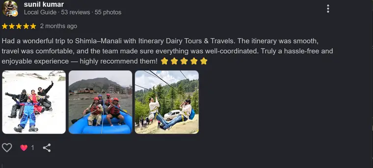 Google review from Sunil Kumar (Local Guide) — Shimla–Manali trip