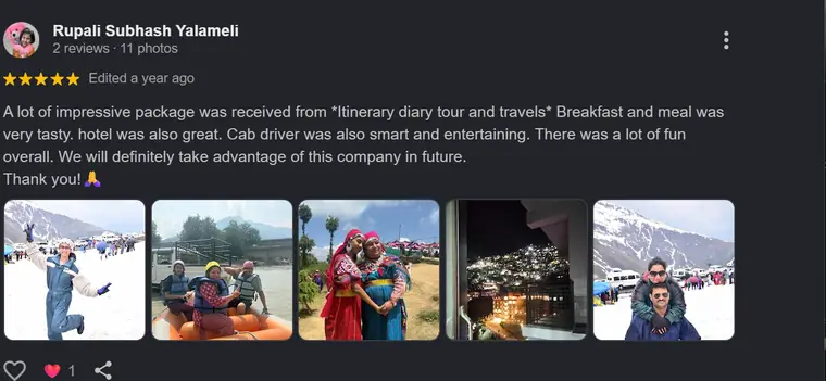 Google review from Rupali Subhash Yalameli — Family package · Manali