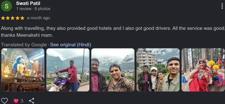 Google review from Swati Patil — Hotels & drivers · Himachal