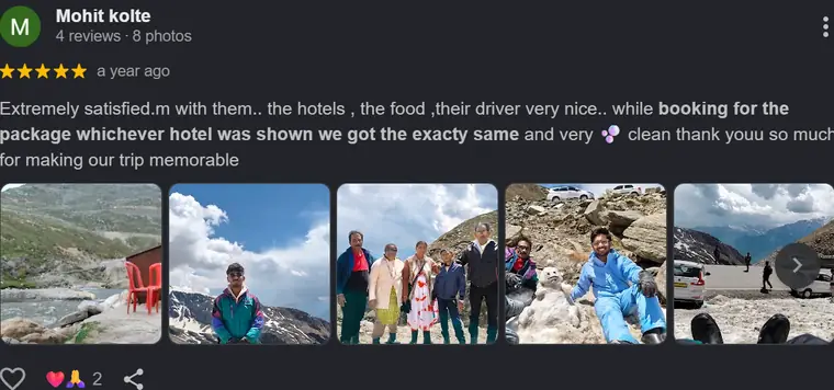 Google review from Mohit Kolte — Hotels, food & driver · the exact hotel shown